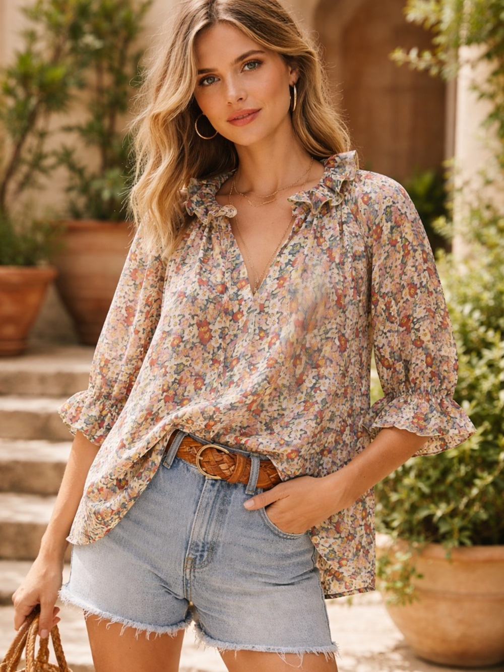 MELLODAY X Anthropologie Floral Ruffle V-Neck & Tie Puff Short Sleeve Blouse